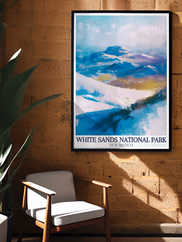 Stunning living room decor with White Sands poster showcasing the majestic Sacramento Mountains and the beautiful Chihuahuan Desert a perfect addition to any modern home decor and a great gift for national park enthusiasts.