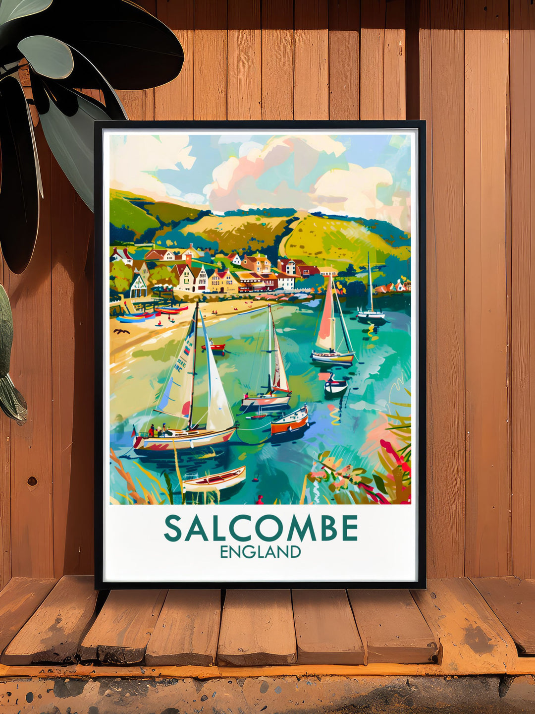 Elevate your home decor with this vintage travel print of Salcombe Harbor featuring detailed Devon illustrations perfect for modern decor