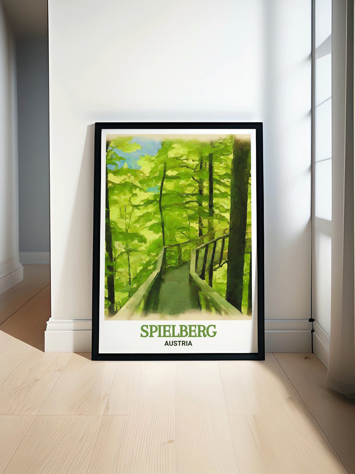 Detailed art print capturing the scenic beauty of Spielberg, Austria, featuring the Rachau Tree Top Walk. The artwork highlights the harmonious blend of nature and architecture, perfect for adding a touch of Austrian serenity to any living space. Ideal for lovers of nature and Austrian landmarks.