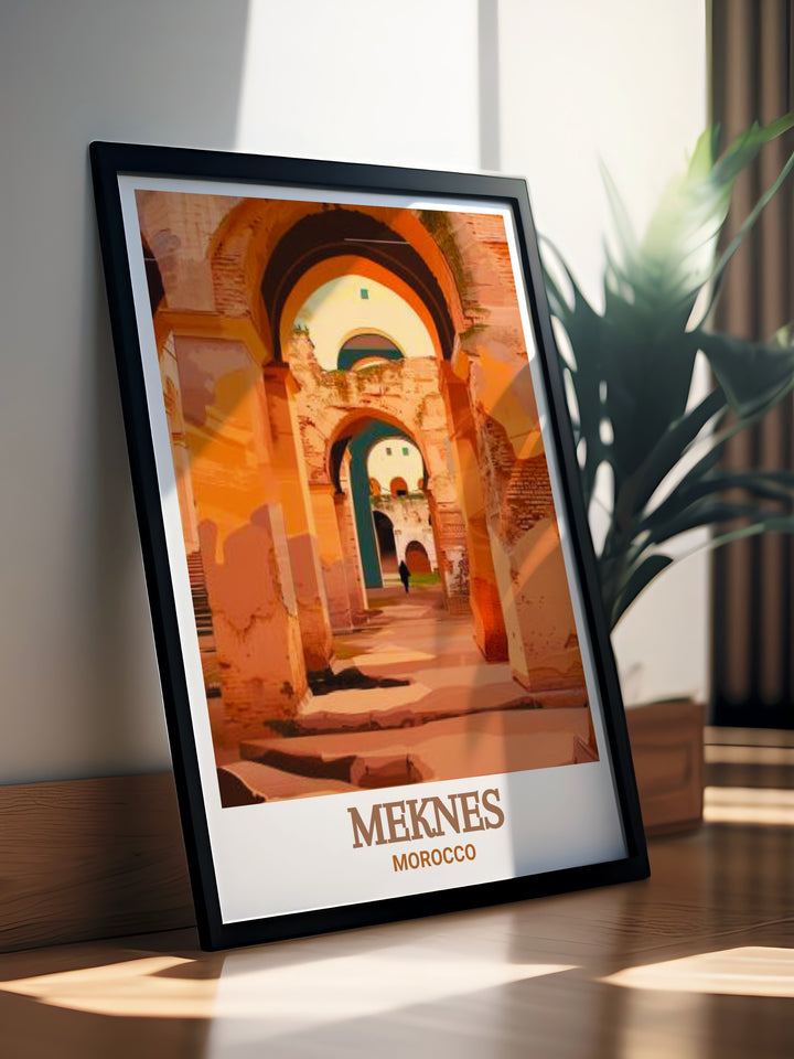 Enhance your living space with this beautiful Meknes poster featuring Place el Hedim one of Moroccos most iconic landmarks this Morocco travel art is perfect for adding a touch of elegance and cultural depth to any room making it an ideal choice for home decor