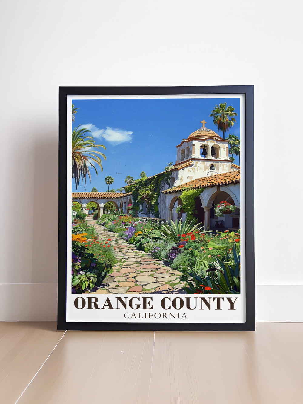 Orange County poster print featuring the historic Mission San Juan Capistrano, one of Californias most iconic landmarks. This travel print captures the rich history and beautiful architecture of the mission, making it an ideal addition to any home. Perfect as a personalized gift, available as a framed or digital download.