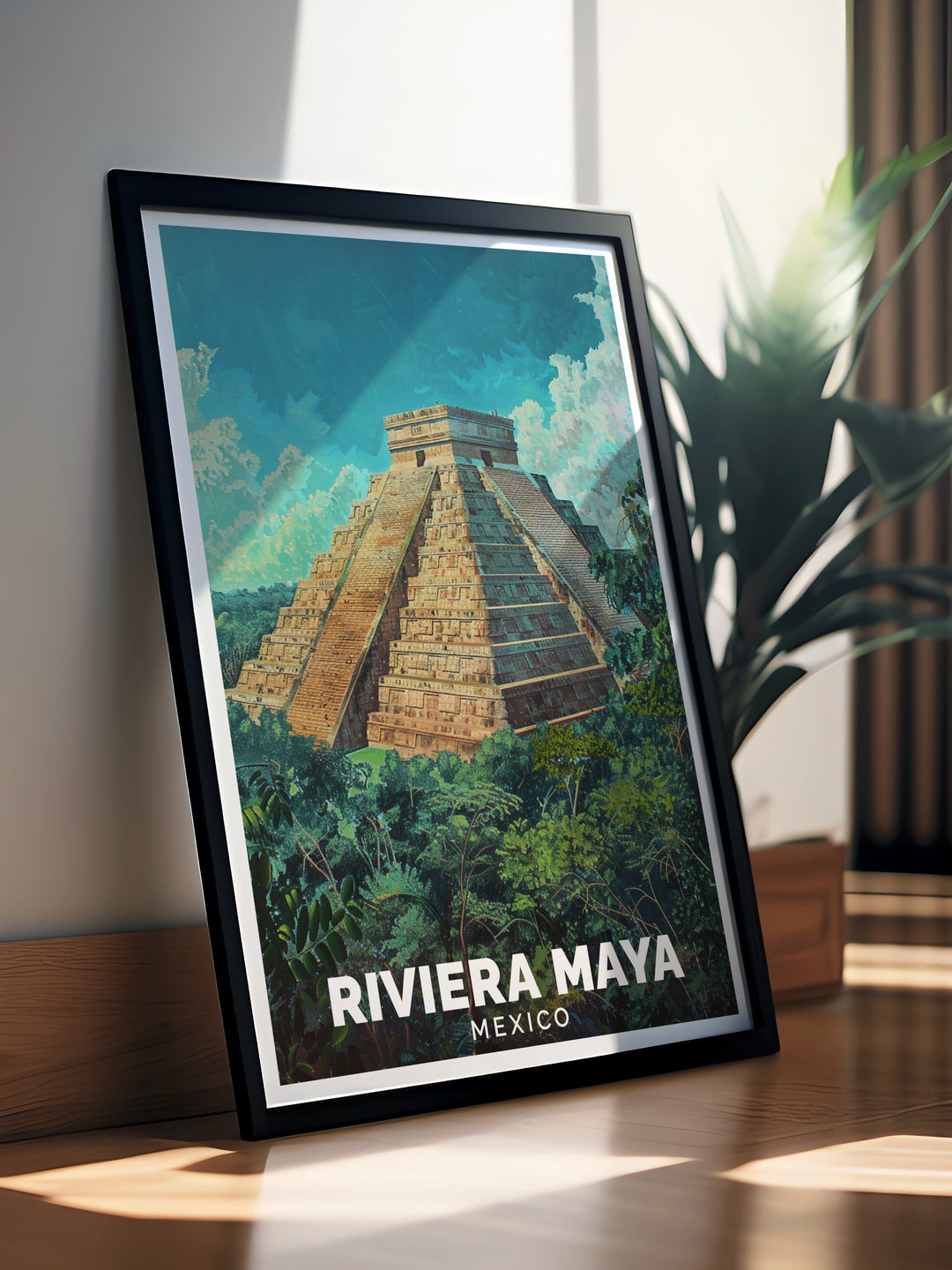 This Riviera Maya travel print offers a blend of modern beach vibes and historical wonder, featuring Mexicos stunning coastline alongside the iconic Chichén Itzá. Perfect for tropical art and travel decor lovers.