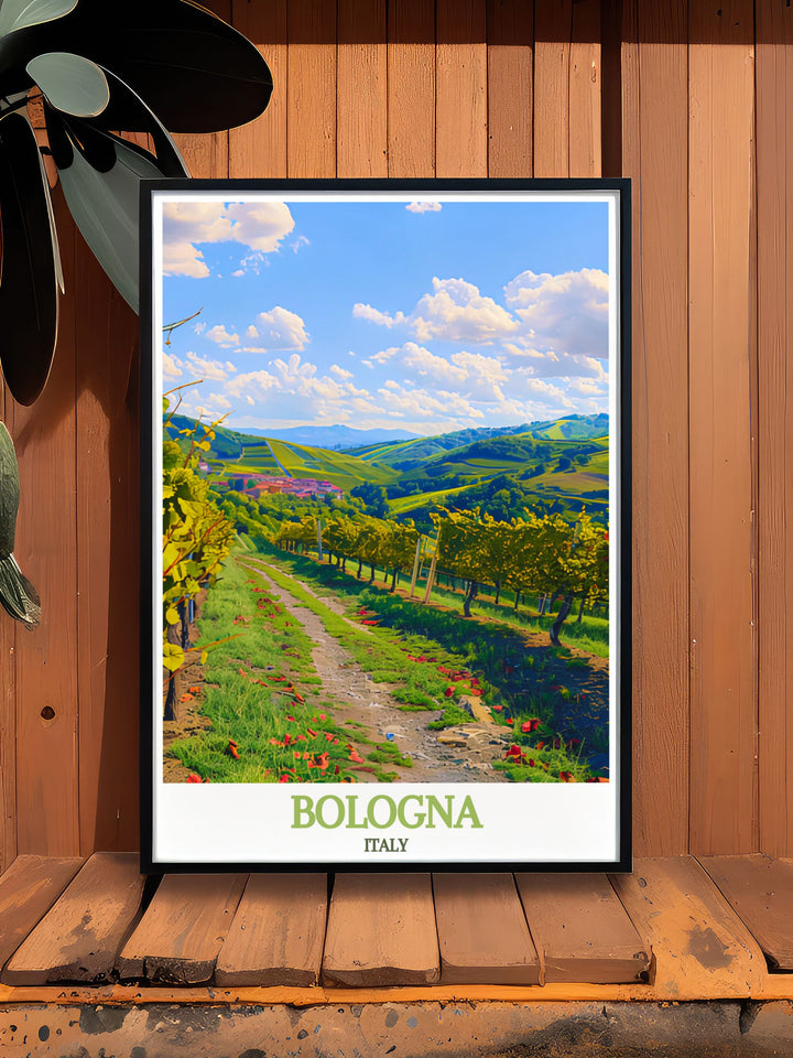 Unique artwork of Bologna featuring its iconic streets and the serene landscapes of Colli Bolognesi, perfect for personalized gifts or home decor. This print captures the essence of Italys cultural heart.