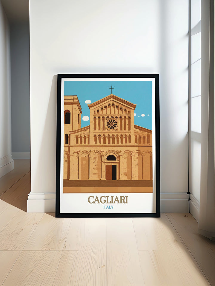 Cathedral of Santa Maria Travel Print highlights the intricate design of this iconic Cagliari landmark. This detailed depiction of one of Italys most famous cathedrals is ideal for anyone looking to add Italian religious history to their art collection.