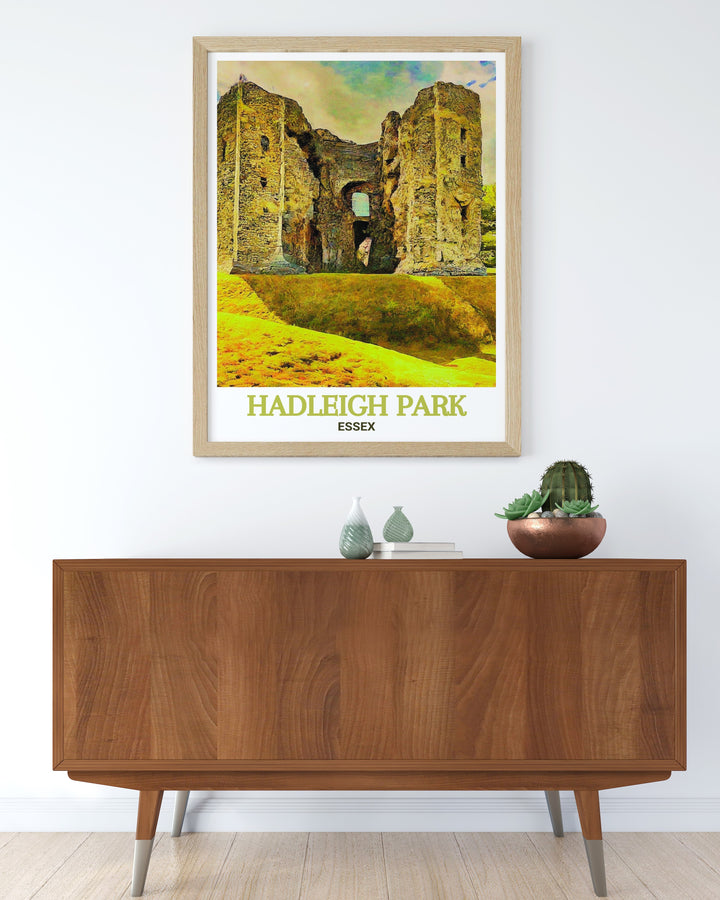 Hadleigh Park mountain biking travel print featuring scenic trails and the historic Hadleigh Castle in Essex. Perfect for cycling enthusiasts and home decor. Capture the adventure and beauty of this renowned destination with vibrant and detailed artwork.