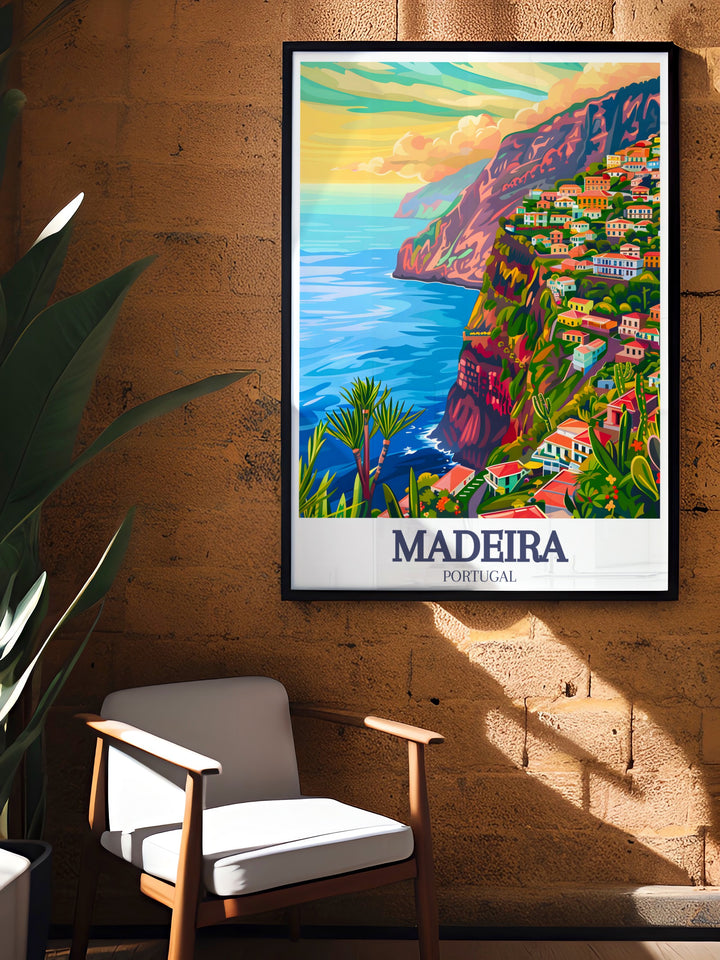 Capture the beauty of Portugals Madeira island with this travel print of Cabo Girão and Funchal. Perfect for adding a touch of adventure to your wall décor, this art piece showcases the dramatic cliffs and historic streets in a detailed, high quality canvas art print.