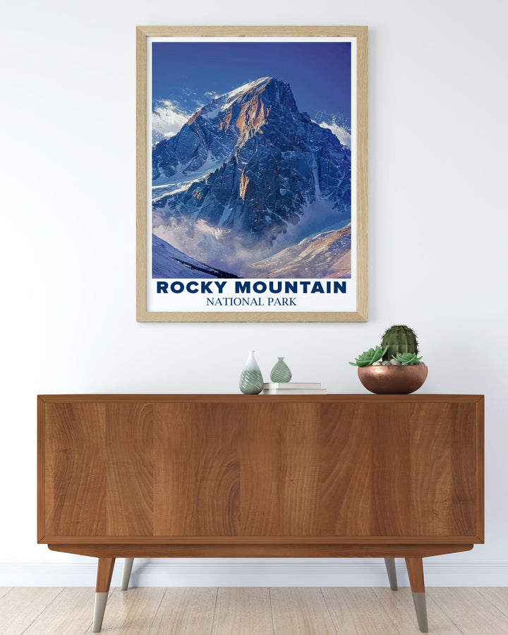 USA travel poster of Long Peak in Rocky Mountain National Park depicting the picturesque scenery of the Colorado Rockies perfect for decorating your home or office with a touch of nature