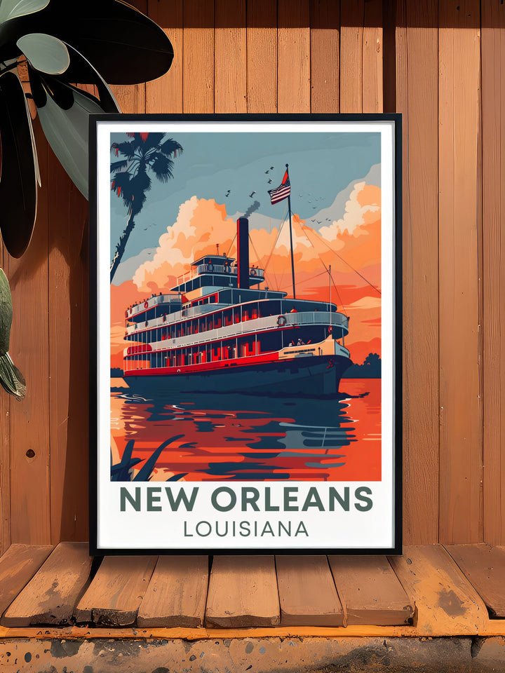 High quality Steamboat Natchez vintage print featuring the famous steamboat in New Orleans perfect for home or office decor making it a wonderful gift for anyone with a connection to Louisiana and its rich cultural heritage