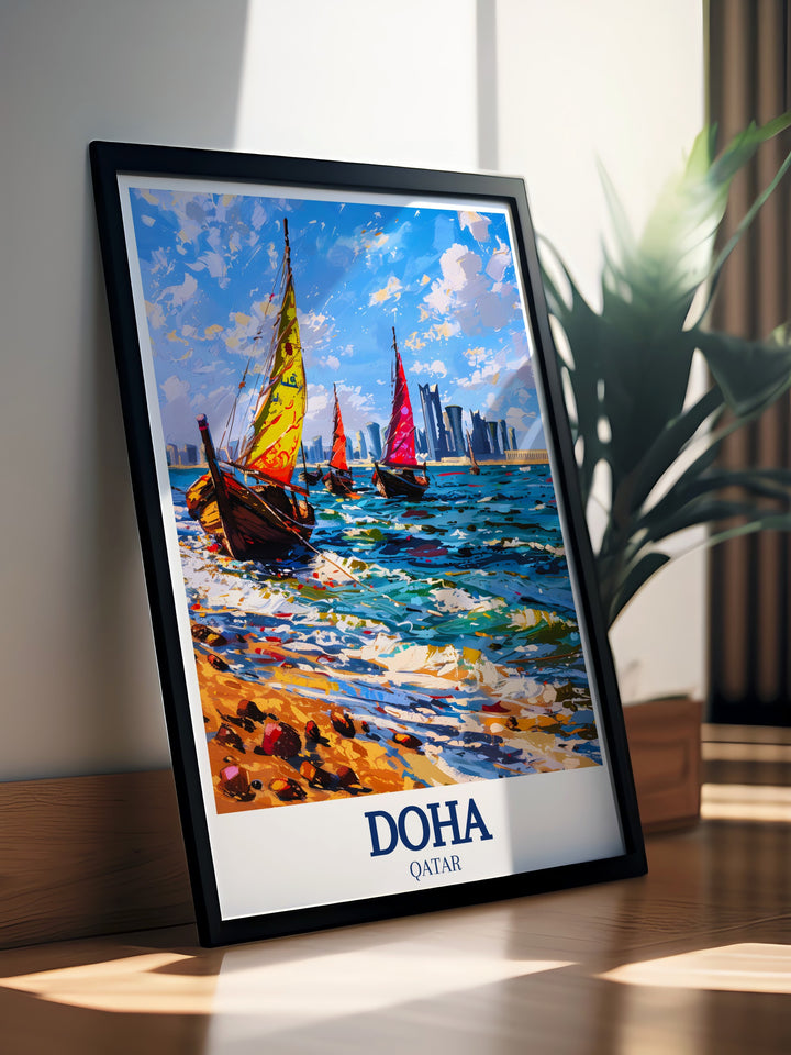 Doha Bays calm waters and expansive horizon are beautifully depicted in this vintage poster, combining the timeless charm of classic design with the natural beauty of Qatars coastline, ideal for vintage décor lovers.