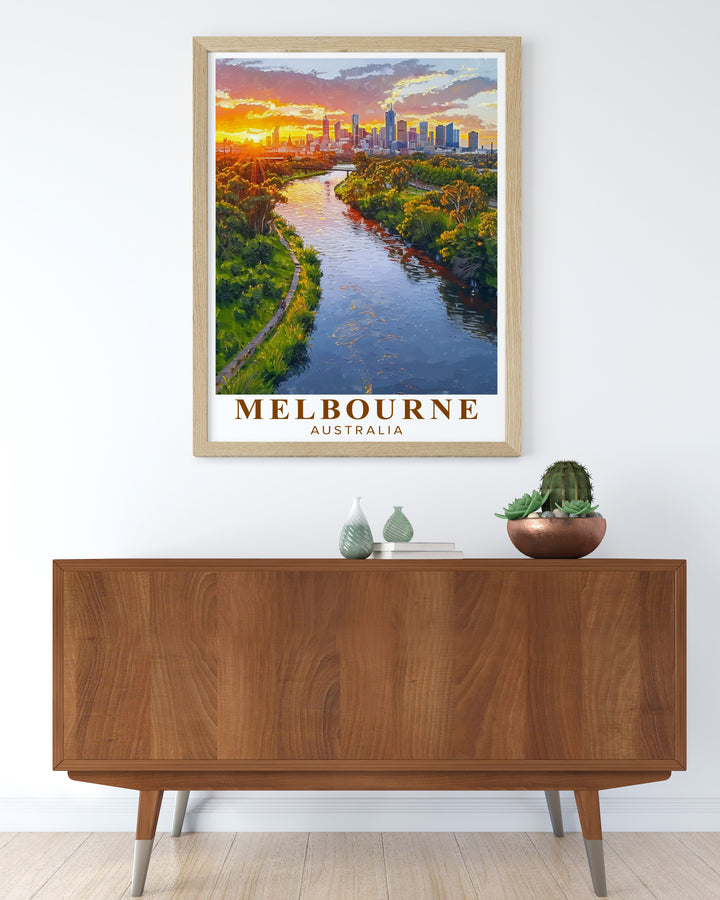 This Melbourne Travel Poster captures the scenic beauty of the Yarra River as it winds through Melbourne. Ideal for urban art enthusiasts, this print offers a detailed portrayal of one of Australias most beloved cities.