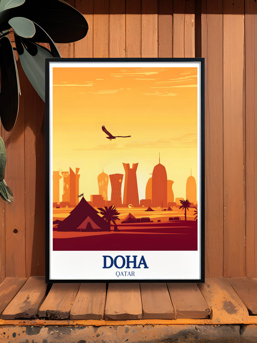 Dohas modern cityscape contrasts beautifully with its cultural roots in this framed art, making it a compelling piece for those who appreciate the dynamic evolution of Qatars capital.