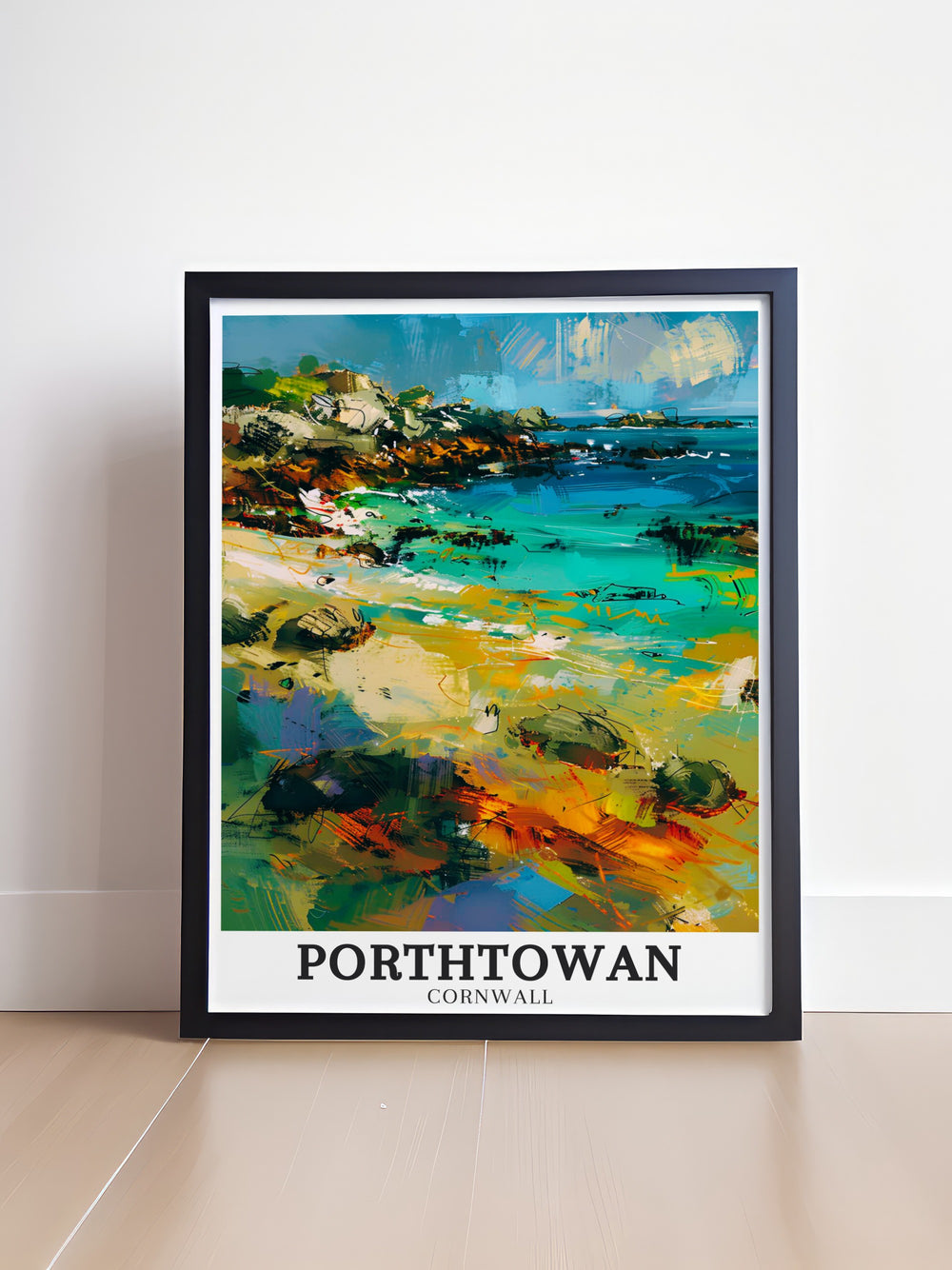 Captivating Porthtowan art print depicting the powerful North Sea and the tranquil village of Portreath. The print reflects the unique character and natural beauty of Cornwalls coastline, perfect for enhancing any home decor