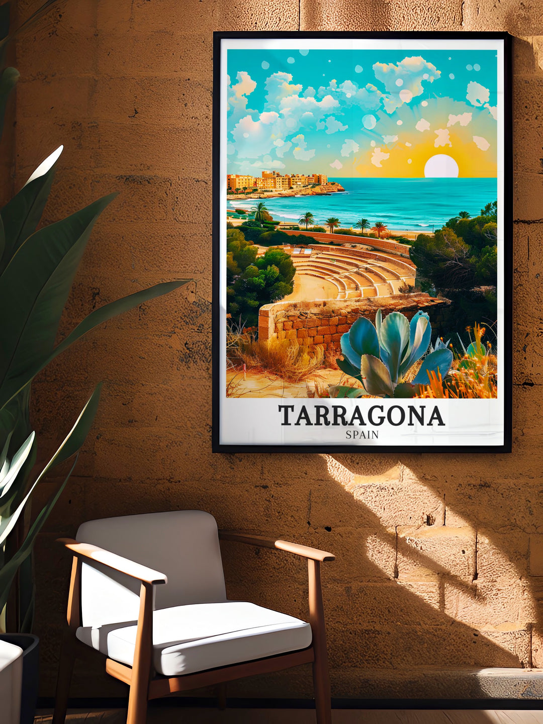 Mediterranean Tarragona Wall Decor highlighting the Roman Amphitheatre and Balco del Mediterrani. This Spain Travel Print offers a perfect combination of ancient architecture and scenic beauty.