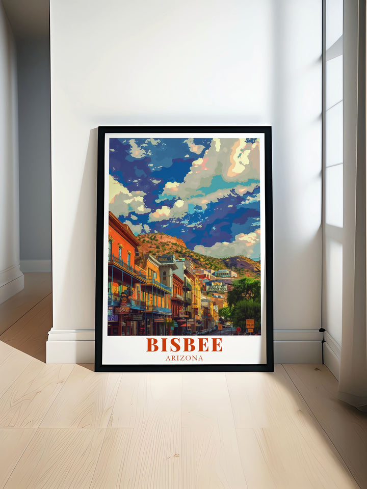 Historic Downtown Bisbee Art print featuring the charm of Arizona with beautiful architecture and vibrant colors. This Arizona travel gift brings the essence of Bisbee into your home with stunning wall art perfect for any room.