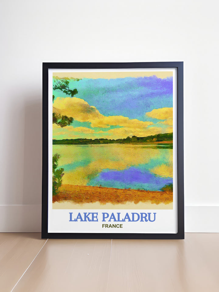 A detailed art print capturing the serene beauty of Lake Paladru, showcasing its clear blue waters and lush green surroundings. This print brings the tranquility of one of Frances most beautiful lakes into your home, perfect for those who appreciate natural beauty.