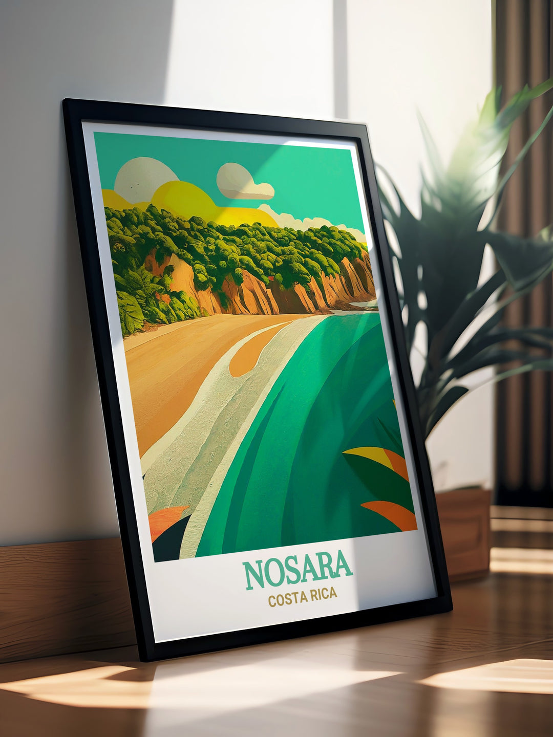 Nosaras Playa Guiones is illustrated in this detailed print, highlighting its pristine beaches and peaceful ambiance. The artwork captures the essence of this Costa Rican gem, making it a wonderful addition to any space that celebrates natural beauty and relaxation. Ideal for creating a serene atmosphere in your home.