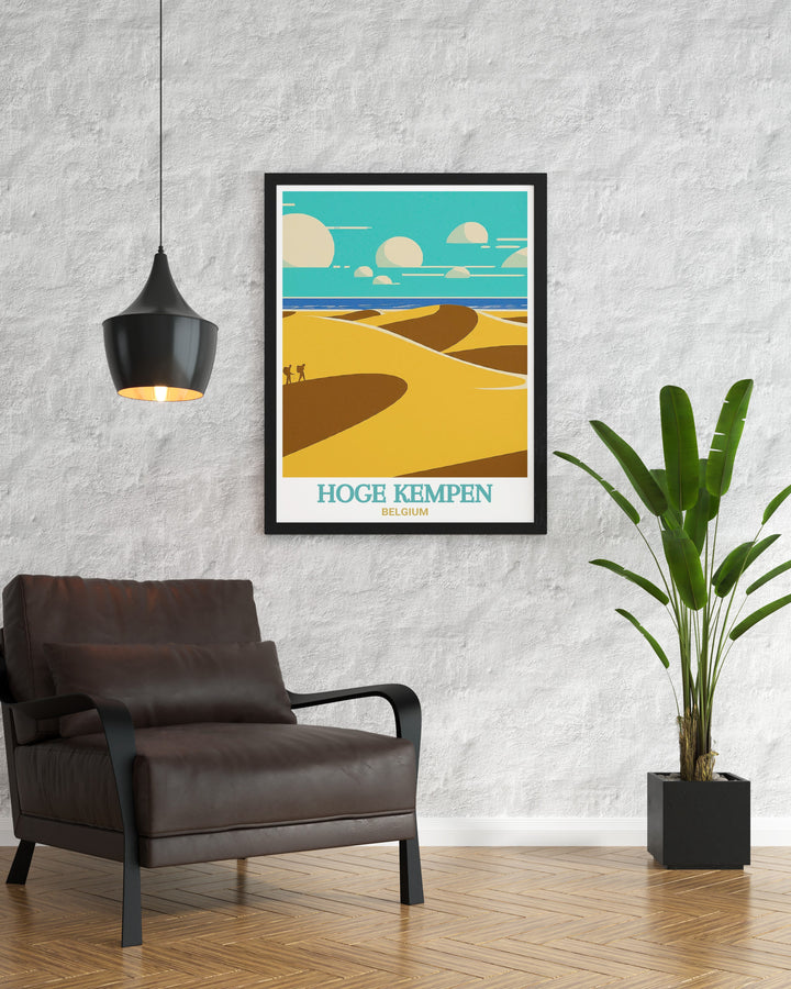 Capturing the vast landscapes of Hoge Kempen National Park, this art print showcases the lush forests and heathlands alongside the delicate beauty of Belgiums coastal Dune Belt, perfect for nature themed decor.