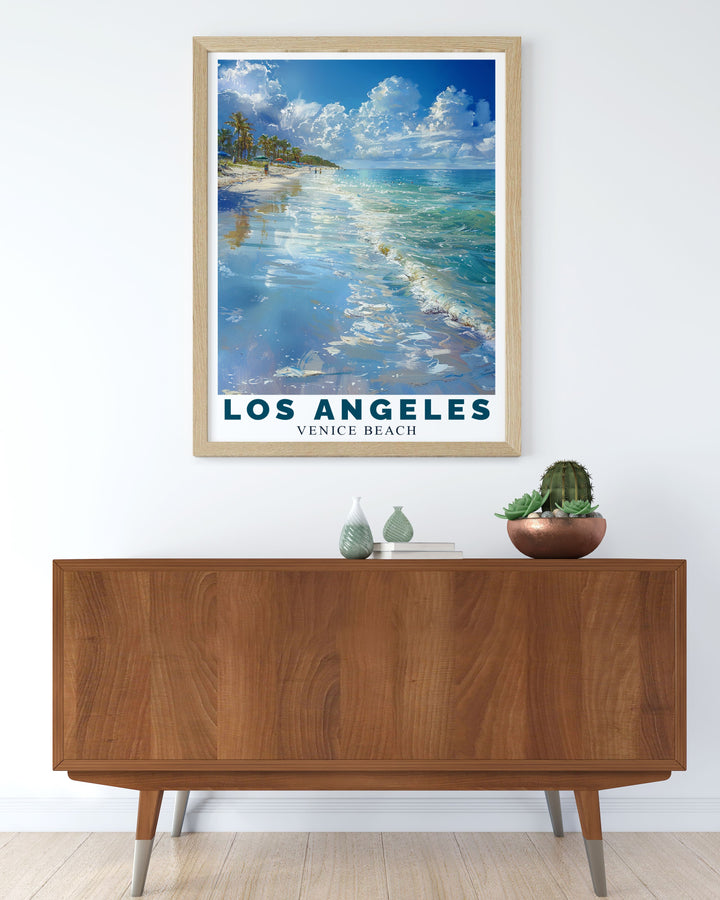 Featuring the iconic Venice Beach boardwalk, this poster offers a visual representation of one of Californias most beloved beachside spots, ideal for beach lovers and adventurers.