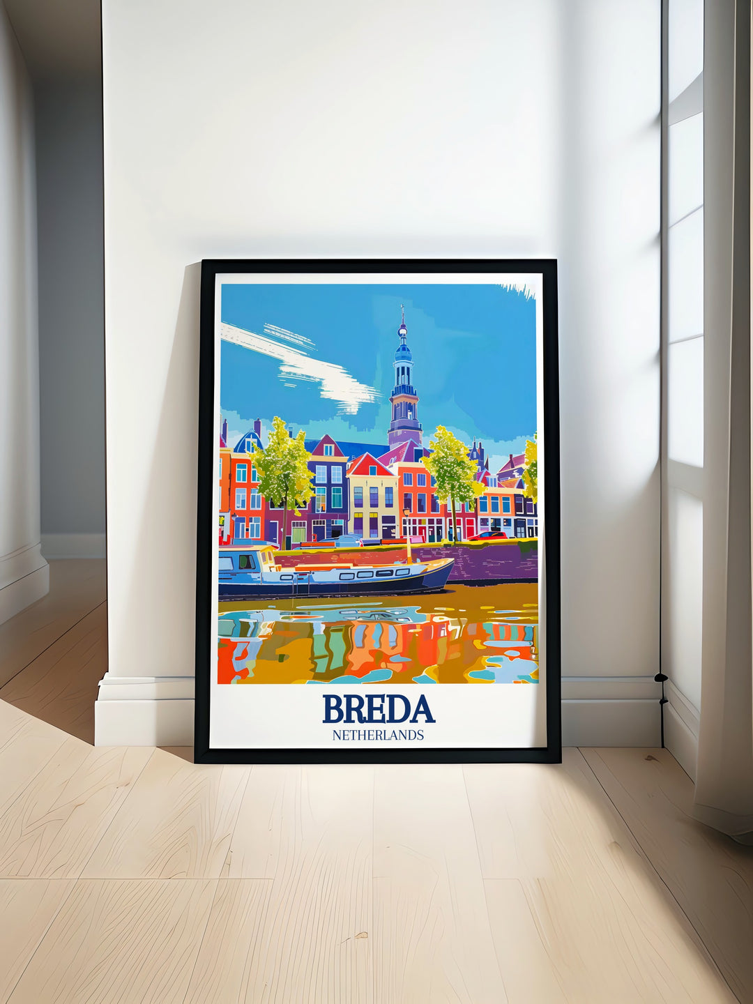 Breda canal and Great Church are beautifully depicted in this stunning Netherlands art print perfect for any home or office. The artwork captures the timeless beauty of Dutch architecture and serene waterways making it an ideal addition to your decor or gift collection.