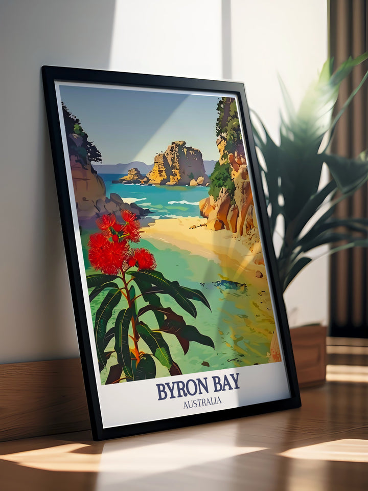 The Pass, Byron beach beautifully depicted in this Byron Bay Art Print. Perfect for lovers of coastal scenery this print brings the natural beauty and vibrant colors of Byron Bay into your home or office.