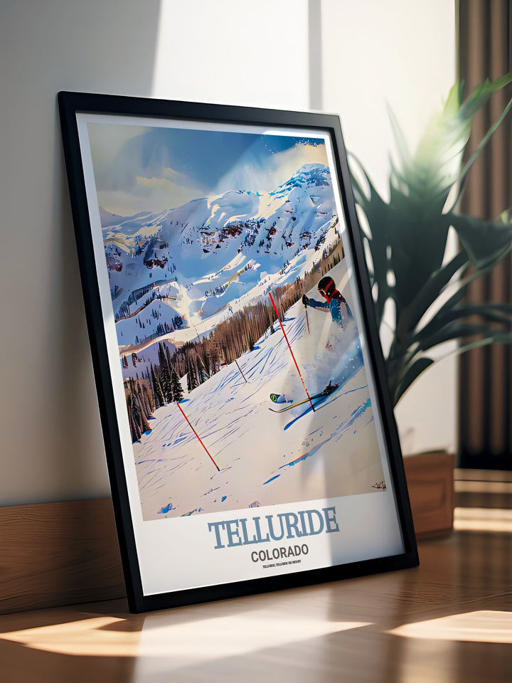 Telluride Ski Resort wall art that captures the essence of a winter retreat in Colorado, from the snowy peaks to the bustling village. This poster adds a sense of adventure and natural beauty to any room.