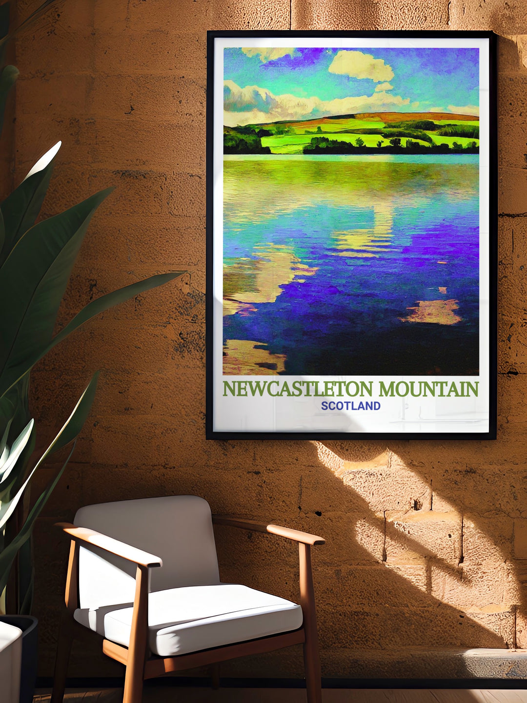 Newcastleton Mountain Biking travel print featuring Kielder Water. This artwork captures the essence of Scotlands renowned biking trails, perfect for home decor or as a gift for cycling enthusiasts. The detailed illustration brings the rugged beauty of the trails to life.