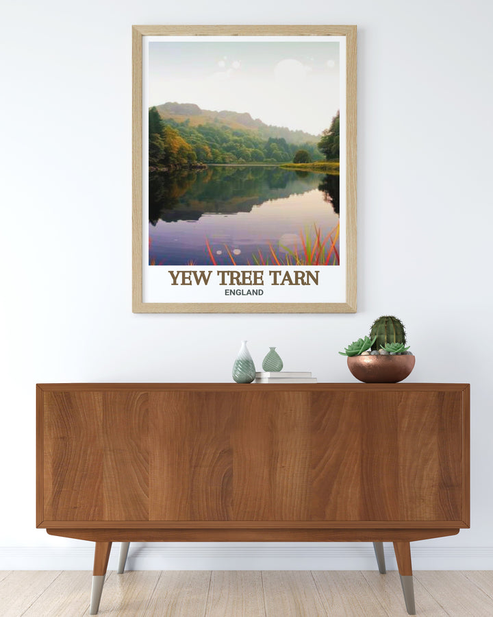 Yew Tree Tarn Cumbria poster featuring the stunning reflections and lush surroundings of this iconic location. Ideal for enhancing your space with the tranquil beauty of the Lake District.