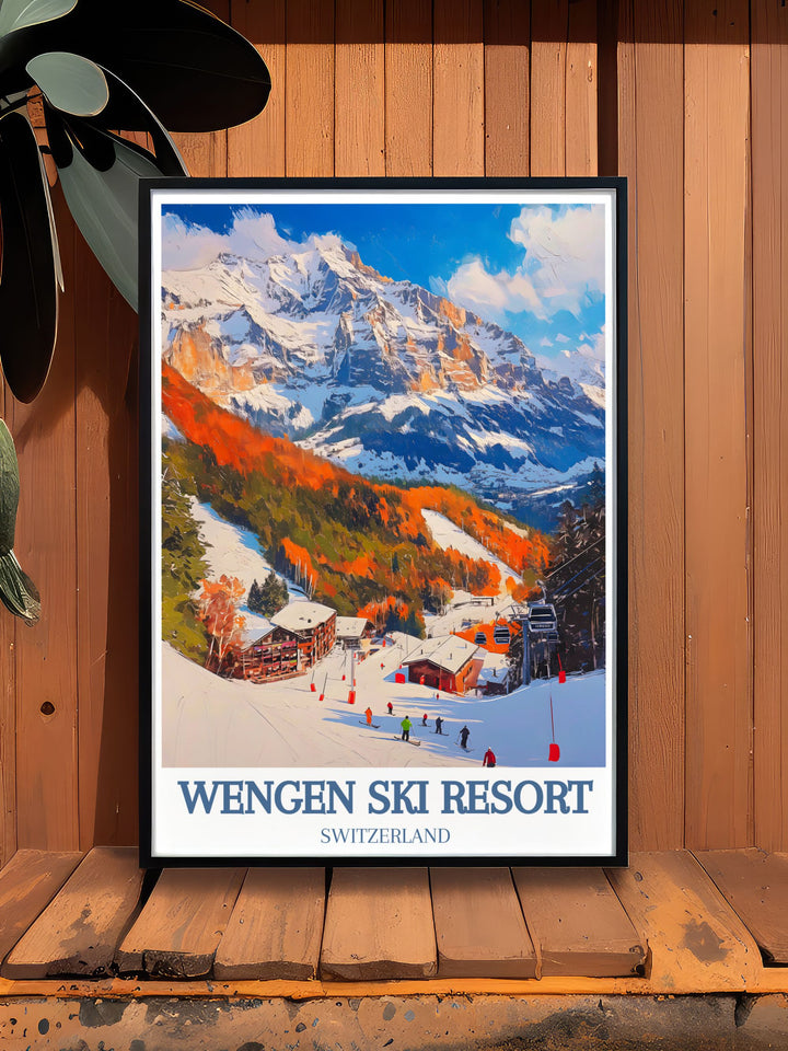 Timeless framed art showcasing the elegance of Switzerlands Wengen Ski Resort. The vibrant colors and intricate details of this piece highlight the resorts unique blend of tranquility and adventure, making it a perfect addition to any art collection.