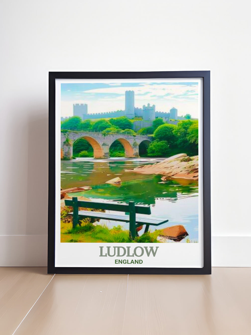 This Ludlow travel print highlights the serene beauty of Dinham Bridge over the River Teme. Perfect for lovers of English history and scenic landscapes, this art piece brings the timeless charm of Ludlow into your home.