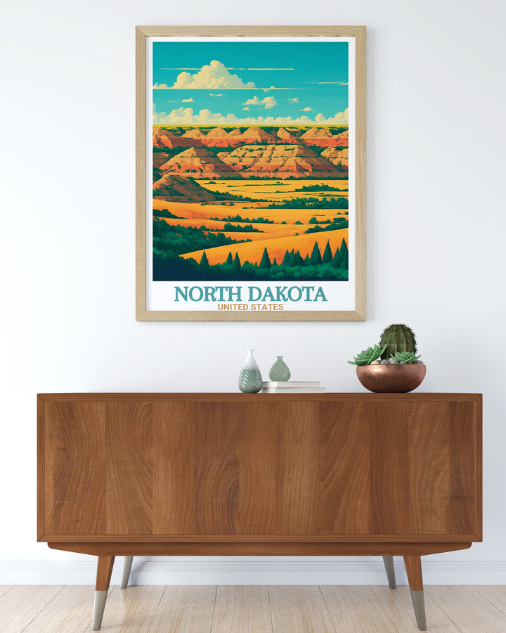 Theodore Roosevelt National Park Travel Print showing the majestic rock formations of the Badlands in North Dakota. This artwork captures the unique landscape of the park, offering a detailed view of its iconic ridges and prairies. Perfect for adventurers and nature lovers, this North Dakota travel poster adds a sense of the wild West to your home decor.