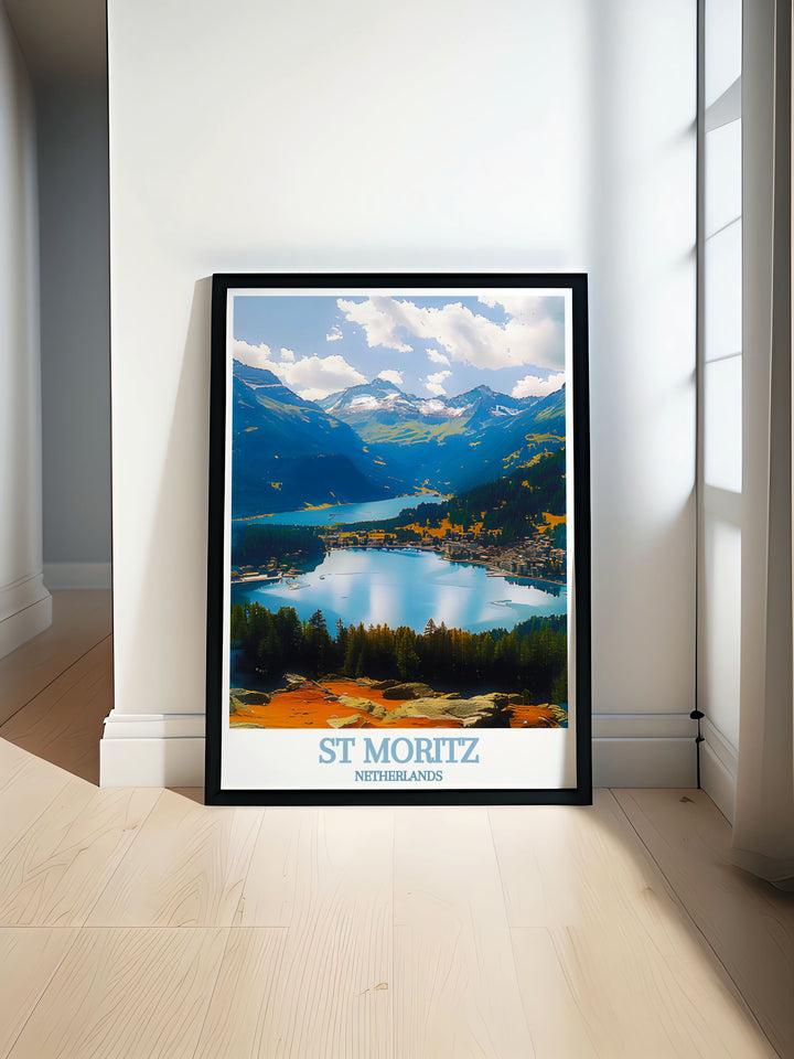 Explore the luxurious charm of St Moritz and the serene beauty of the Engadin Valley with this detailed travel poster, capturing Switzerlands premier winter destination.