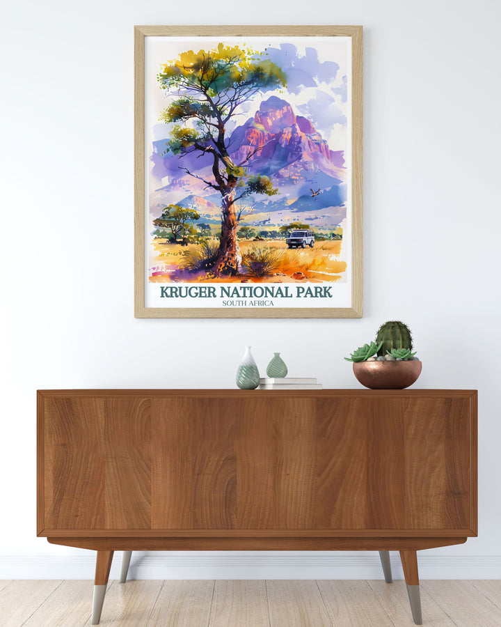 Highlighting the stunning peaks of the Drakensberg Mountains, this travel poster features its dramatic cliffs and lush valleys. Perfect for those who appreciate vibrant scenes and rugged beauty, this artwork captures the essence of the African landscape.