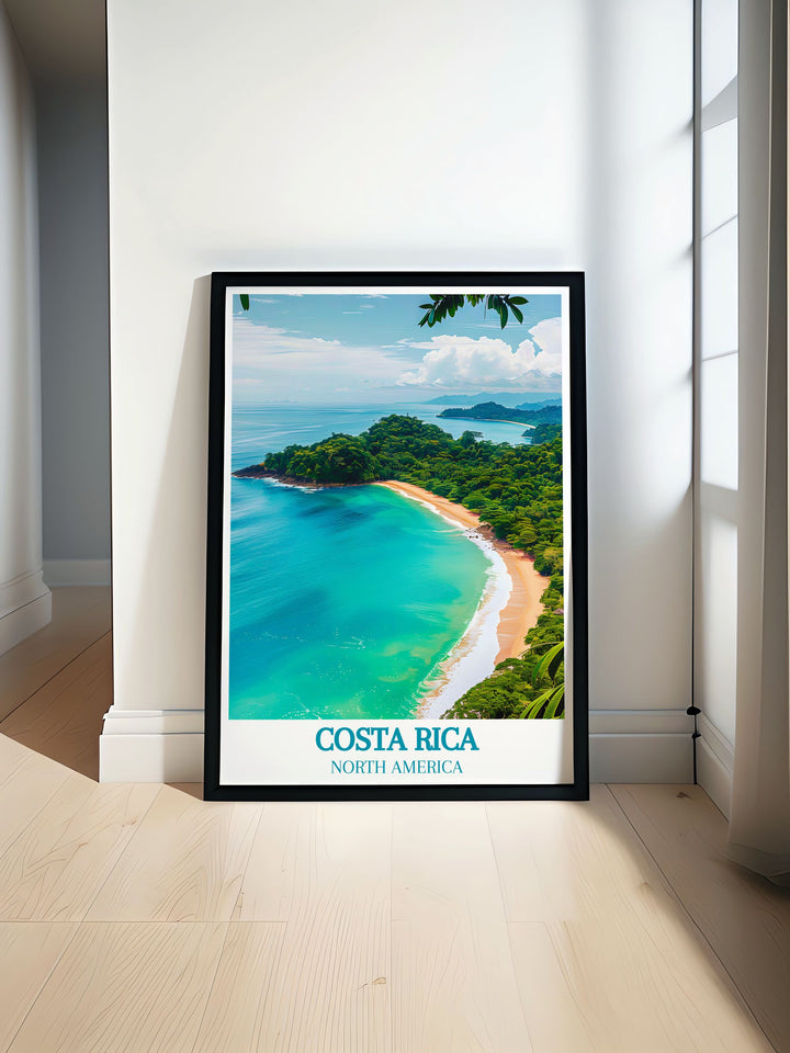 Marvel at the stunning beauty of Manuel Antonio National Park with this travel poster, capturing its lush rainforests and pristine beaches, perfect for bringing the tranquility of Costa Ricas landscapes into your home decor.