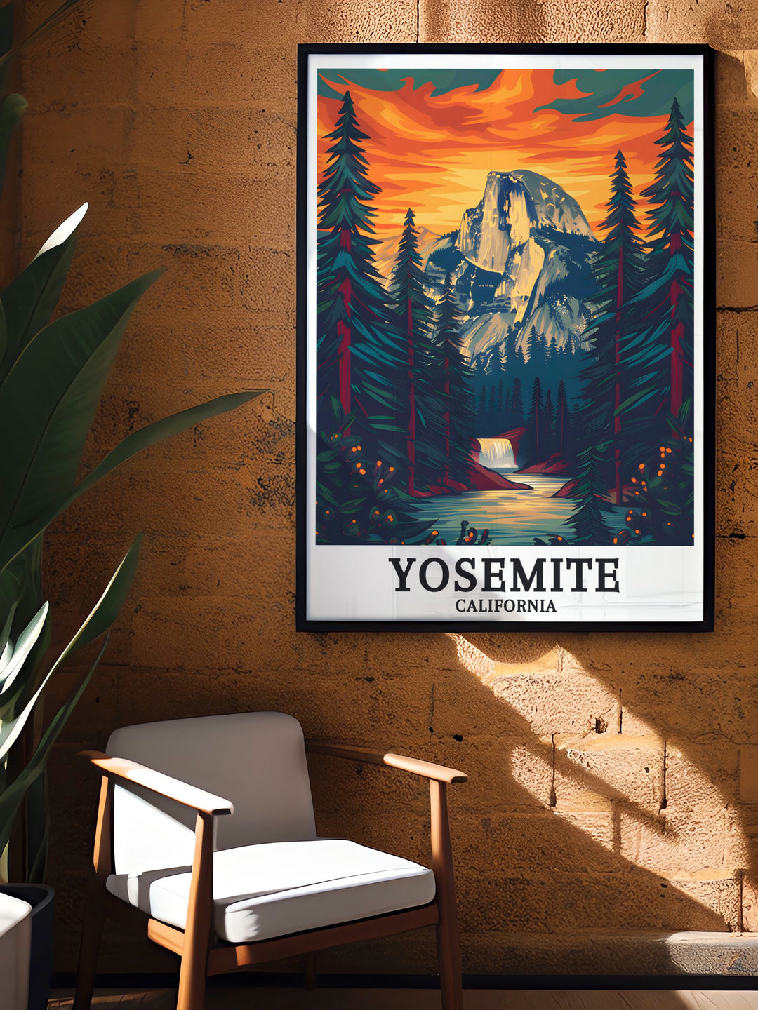 Yosemite Falls and Half Dome framed print with vivid imagery perfect for those who appreciate detailed artwork and classic vintage travel prints