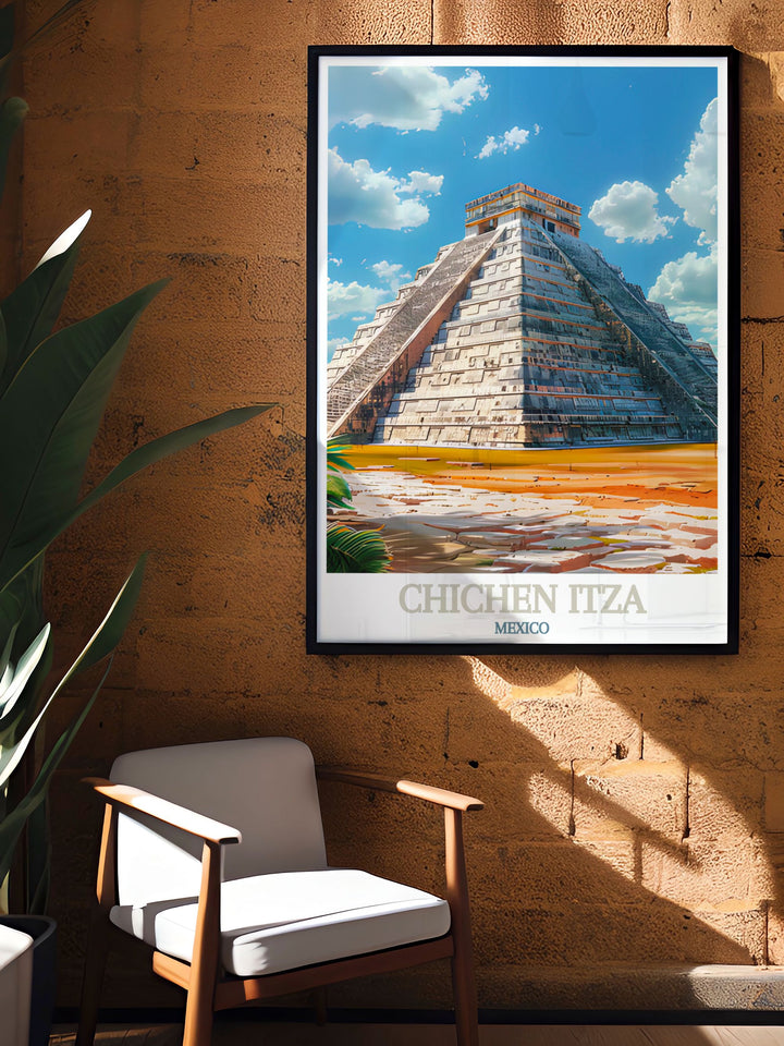 Experience the magic of Mexico with this stunning travel poster. Highlighting the architectural beauty and historical importance of Chichen Itza and El Castillo, this poster is ideal for those who love ancient wonders and cultural heritage. Add a touch of Mexicos allure to your home decor.