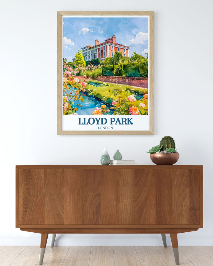 Rose garden wall art from the William Morris gallery featuring Lloyd Park in Walthamstow London. A timeless piece for your art collection. Celebrate East Londons rich cultural heritage with this stunning print.