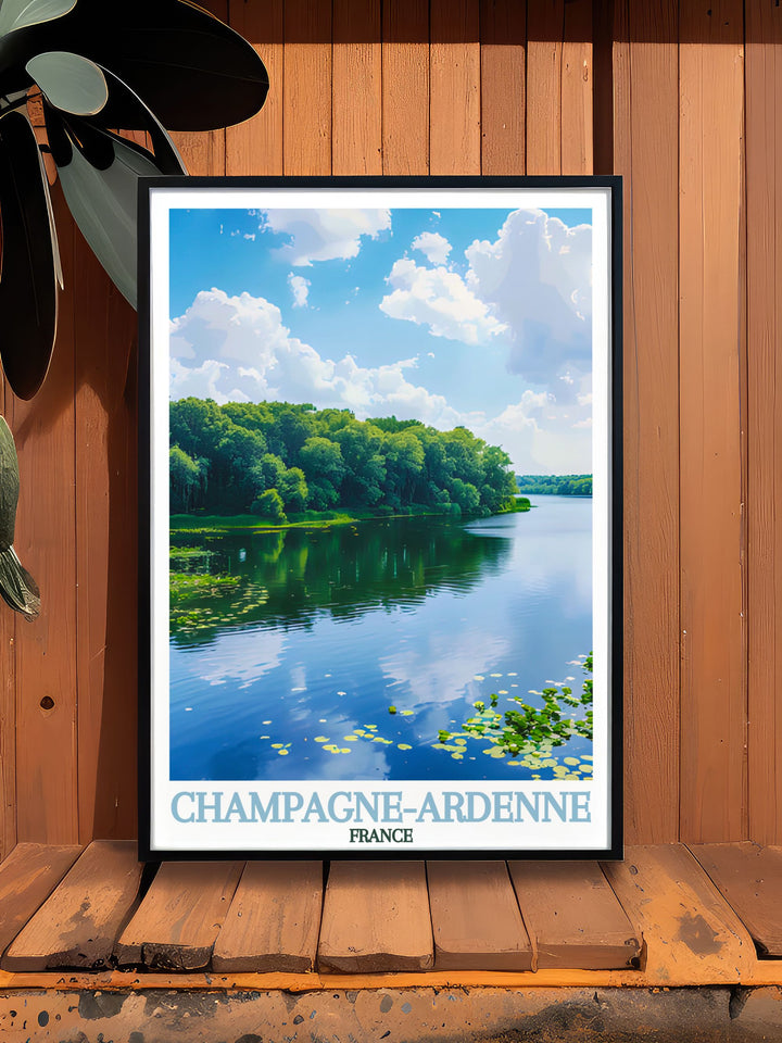 Elegant Parc Naturel Regional de la Foret d Orient framed print highlighting the scenic beauty of the French countryside. Perfect for home decor, this France travel poster captures the essence of Champagne Ardenne with vibrant colors and detailed artistry.