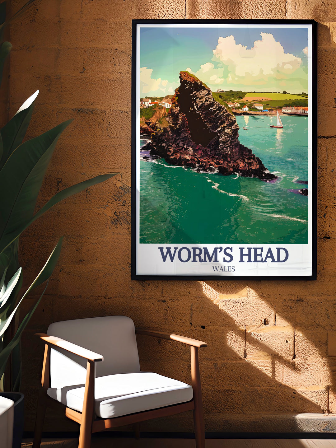 Rhossili Bay Poster Print highlights the serene beauty of Wales coastline, with Worms Head and Southgate prominently featured. This travel print is perfect for adding a touch of natures charm to your space, offering a reminder of coastal adventures.