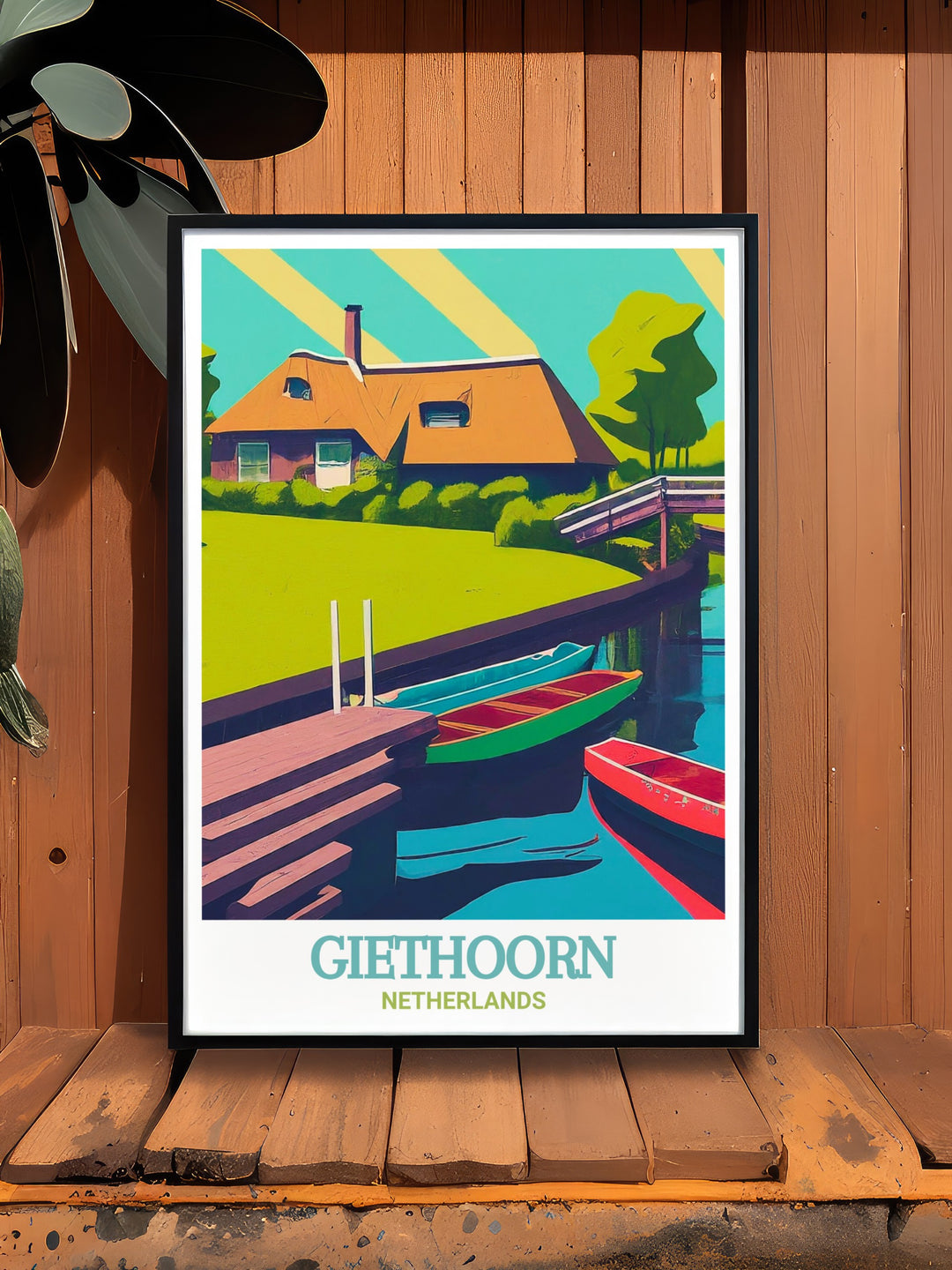 Giethoorn travel print highlighting the picturesque landscapes and peaceful ambiance of this charming Dutch village. The prints vibrant colors and detailed depiction make it a great choice for anyone looking to add a touch of European elegance to their home decor.