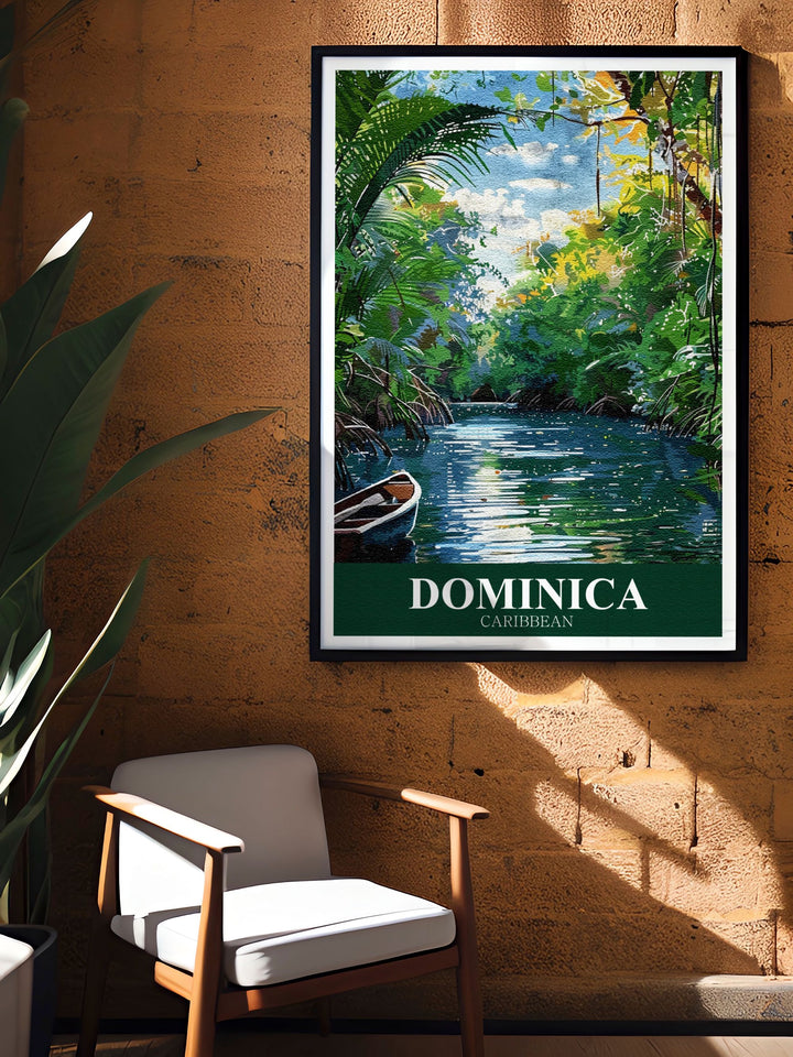 Indian River Wall Art depicting the lush landscape and calm waters of Dominicas iconic river a perfect travel poster for your home decor and an excellent gift for nature enthusiasts and Caribbean lovers