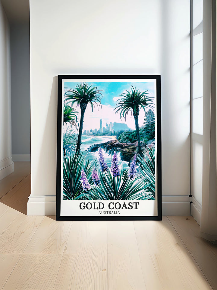 This Gold Coast poster print captures the iconic beauty of Australias premier beach destination. The vibrant colors and stunning skyline featured in this artwork are perfect for beach lovers and anyone with a passion for Queenslands famous Gold Coast. Bring the energy of Australias coast into your home with this dynamic art print.