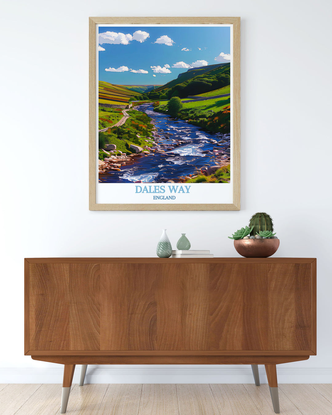 Framed art depicting the majestic landscapes of the Dales Way, showcasing the idyllic scenery and historic charm of Wharfedale.