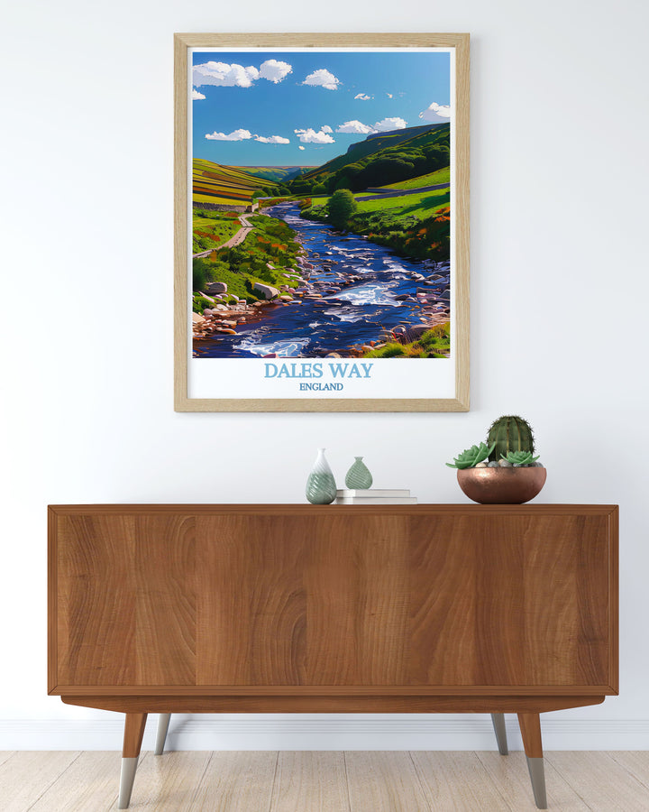 Framed art depicting the majestic landscapes of the Dales Way, showcasing the idyllic scenery and historic charm of Wharfedale.