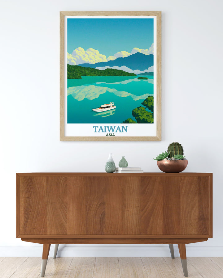 Taiwan art and gift ideas featuring Sun Moon Lake modern prints perfect for birthdays anniversaries or any special occasion adding a touch of elegance and tranquility to any room.