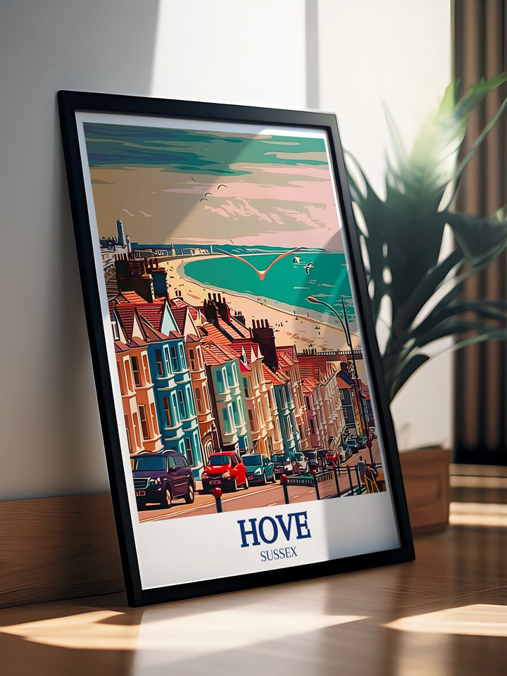 This English Channel travel print as seen from Hove, England, offers a serene view of the coastline with gentle waves and a calming horizon. An ideal piece for coastal themed decor or as a gift for sea lovers.