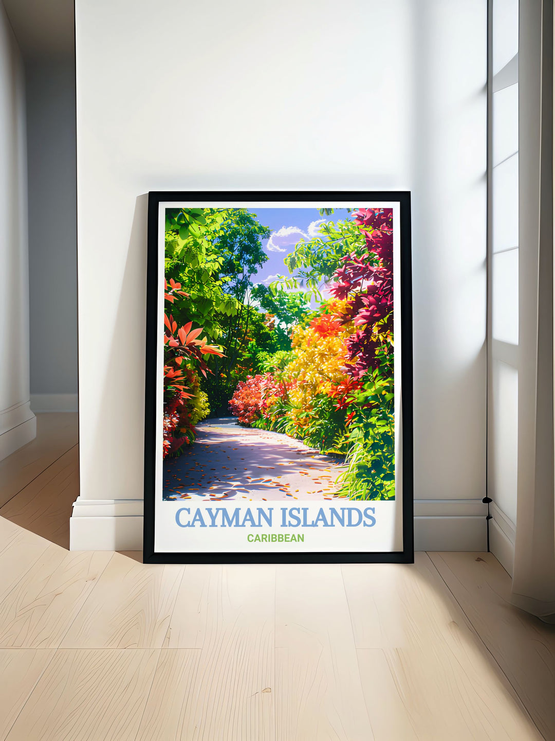 Queen Elizabeth II Botanic Park travel poster featuring a beautiful black and white Cayman Islands print perfect for home decor and gifts showcasing the tranquil beauty of the Caribbean and offering a unique addition to any space with its timeless and captivating design