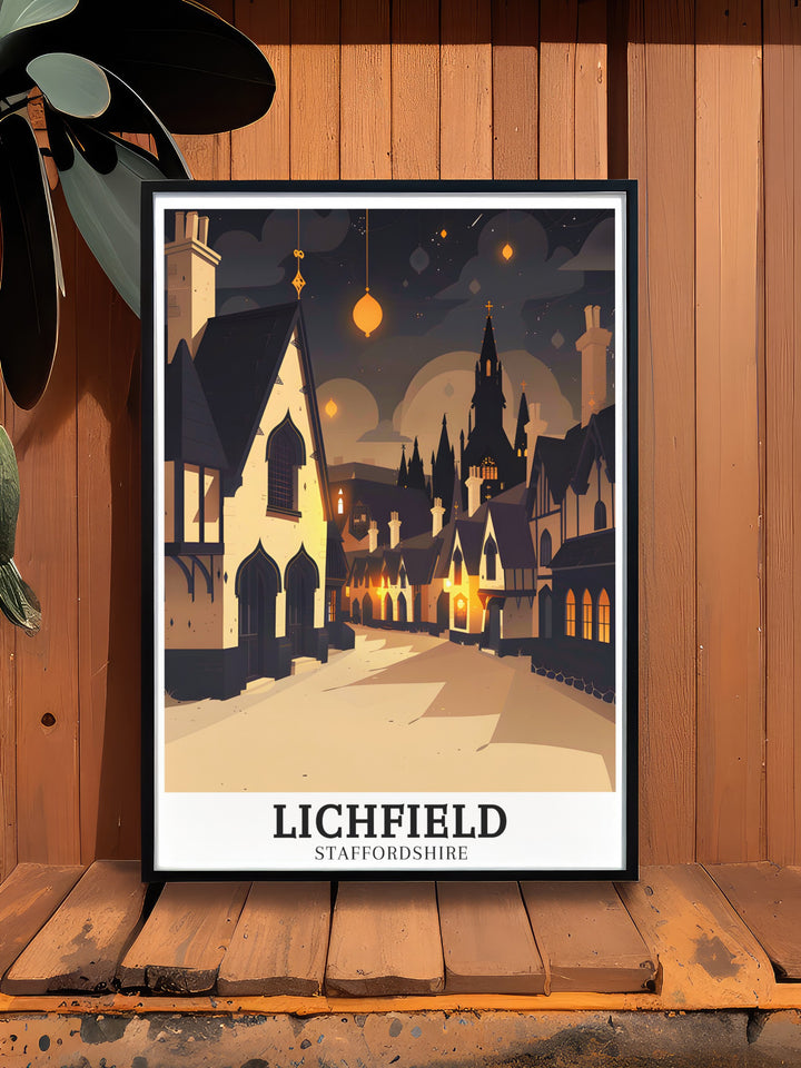 This Lichfield art print brings together the best of the towns historic charm, with the busy streets of the town centre and the grandeur of Lichfield Cathedral. The intricate details and rich colors make this a standout piece for anyone who loves British travel art.