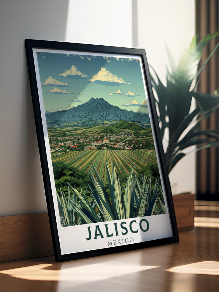 This Jalisco poster print beautifully captures the vibrant Tequila Landscape in Mexico, featuring sprawling agave fields that showcase the regions cultural and agricultural significance. A perfect travel print for lovers of Mexican heritage and stunning landscapes.