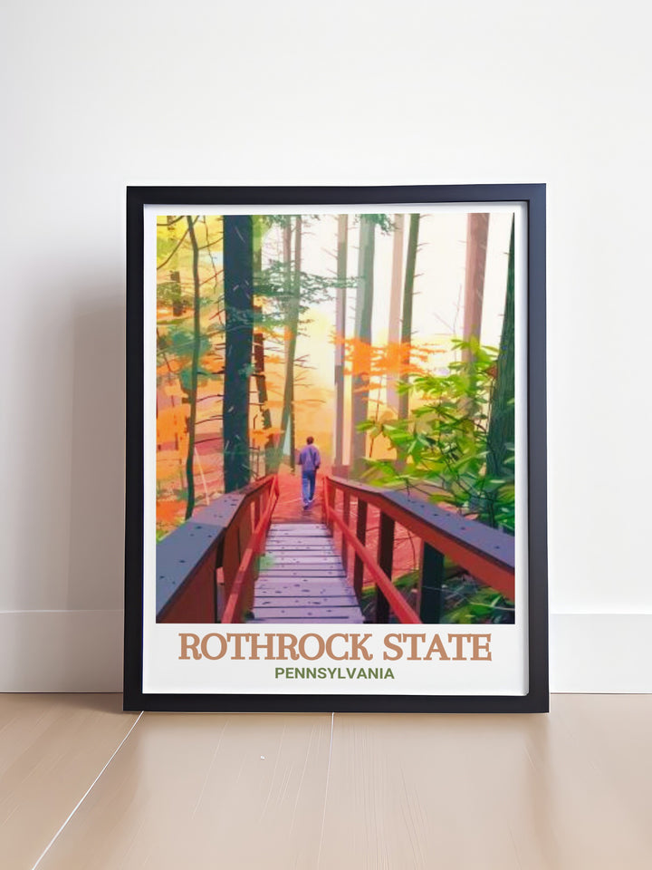 A stunning travel poster of Rothrock State Forest and the Alan Seeger Natural Area. The perfect piece for those who love the outdoors, this framed art captures the serene beauty of Pennsylvanias forests in vivid detail.