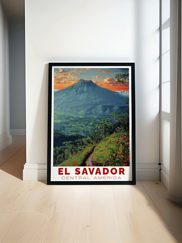 Highlighting the immense beauty of El Boquerón National Park, this vintage style El Salvador poster is perfect for travelers and nature enthusiasts. The artwork depicts the volcanic crater and its lush surroundings, bringing the beauty of Central Americas landscapes into your home.